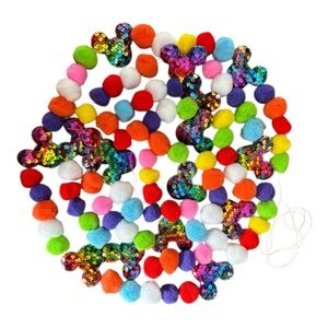 9 ft Disney Mickey Birthday Sequin Pom Pom Garland Handmade on Clear Line